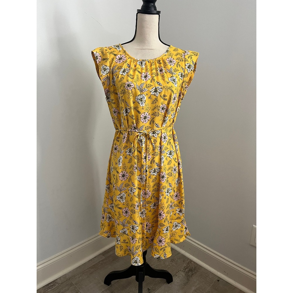 LOFT Yellow Floral Fit & Flare Dress sz Medium Ruffle Hem Cottagecore Boho Chic